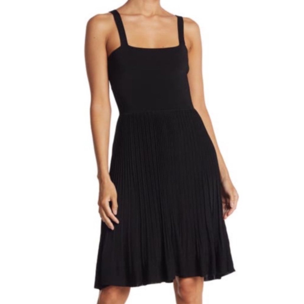 THEORY Pleated Texture Skater Square Neck Sleeveless Dress, Black, Medium